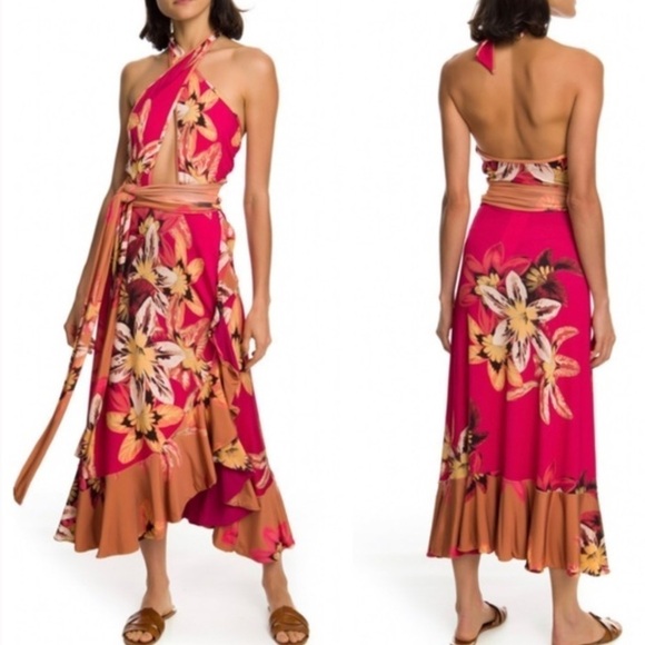 PatBO Dresses & Skirts - PatBo- Multicolored Floral Jersey Carmen halter Midi Wrap Dress